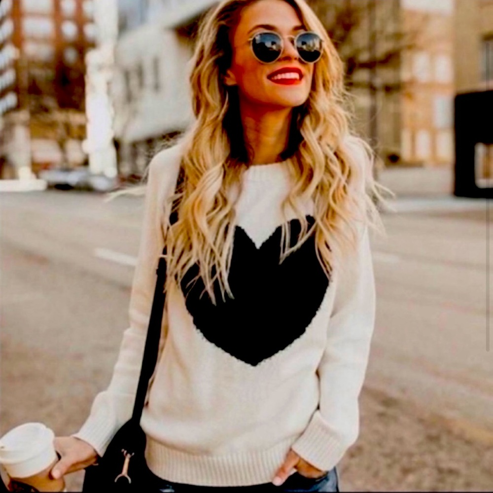 Women’s Black and White Heart Pullover Sweater - Picture 1 of 4